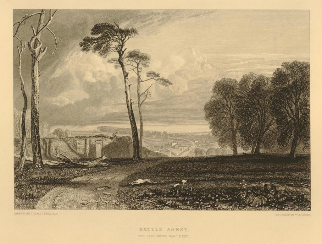 © The Trustees of the British Museum, Battle Sussex, the spot were Herald fell, after: Joseph Mallord William Turner, print by: William Bernard Cook, England 1816